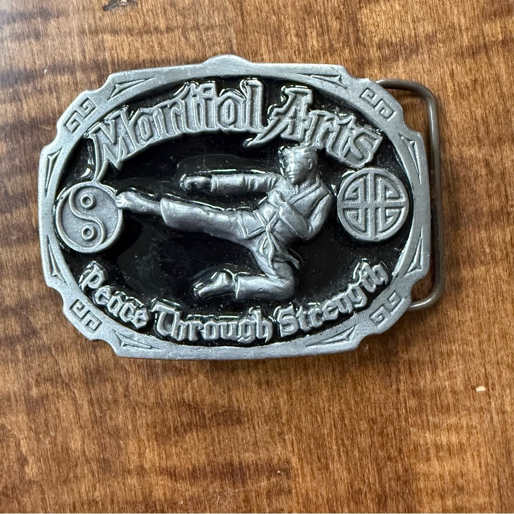 Vintage Martial Arts Karate Belt Buckle Silver Tone & Black Made in USA